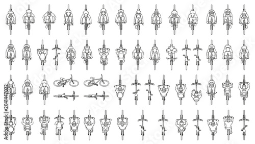 Cyclist Front View Outline Vector Collection with Overhead Plan Poses for Technical Diagrams
