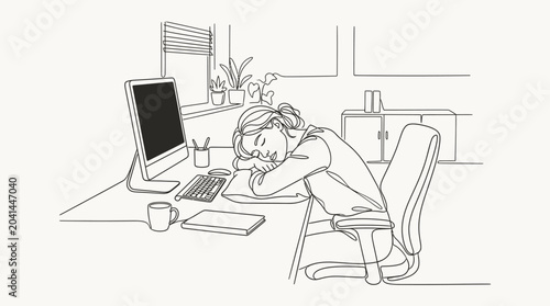 Tired Woman Sleeping at Desk in Office, Line Art
