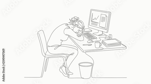 Tired woman sleeping at desk with computer, burnout, exhaustion concept illustration