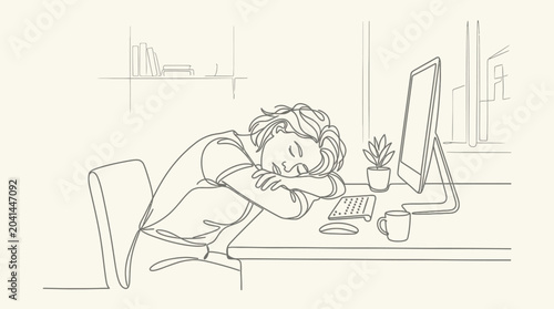 Tired woman sleeping at desk, line art illustration
