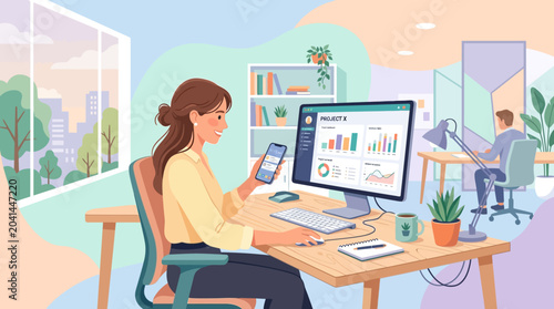 Woman Analyzing Data on Computer in Modern Office