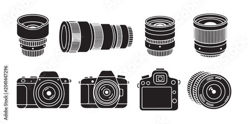 Fotografía Set of black camera lenses and cameras on transparent background.
