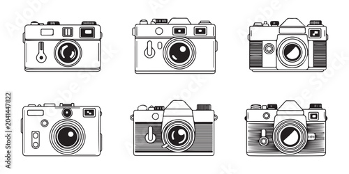 Tableau sur toile Retro film camera line art collection featuring vintage rangefinder and slr photographic equipment