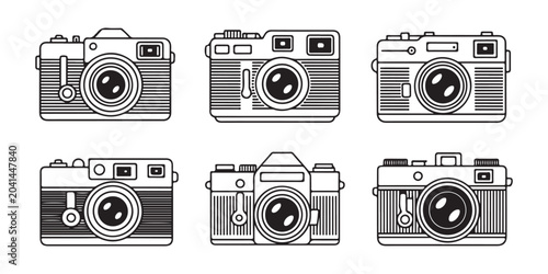 Bild auf Leinwand Vintage analog cameras set in woodcut style for classic photography enthusiasts and retro designers