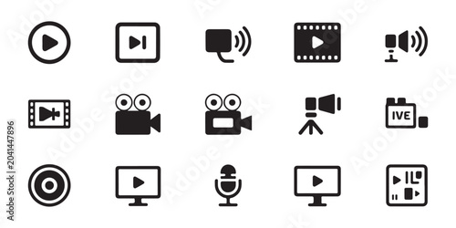Photos Video production and multimedia interface icon set including playback controls and recording tools