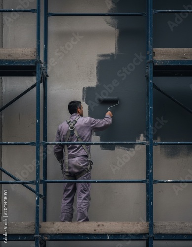 Construction painter on scaffolding applying dark paint to an urban wall for building renovation, industrial maintenance and commercial facade improvement services