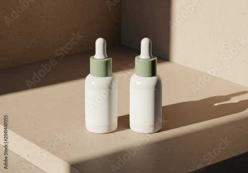 Two white cosmetic dropper bottles with green caps on a beige stone surface