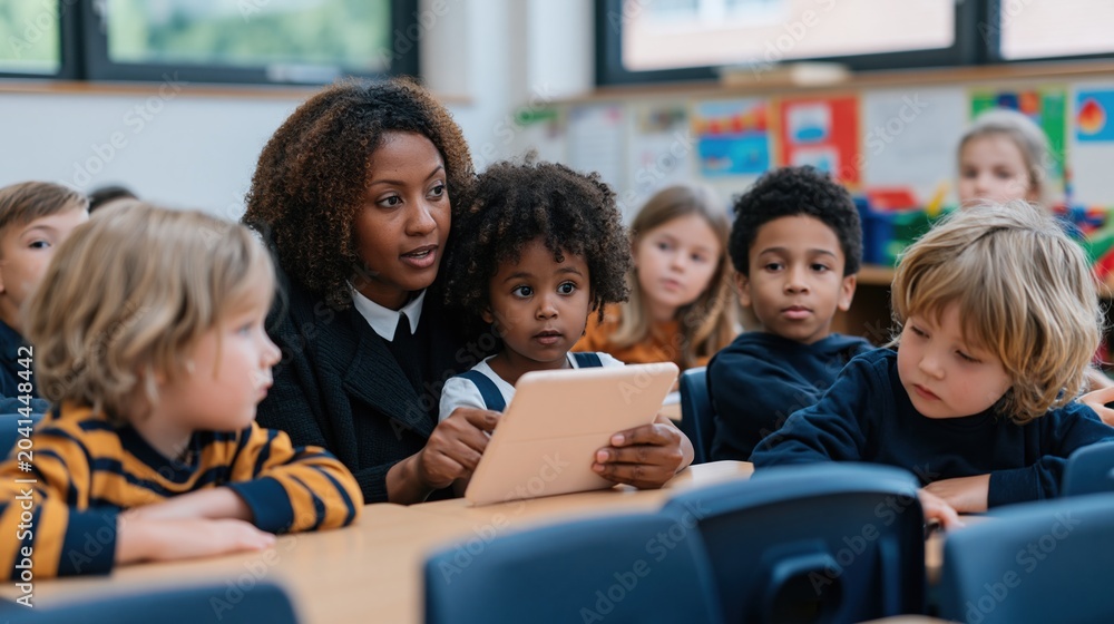 Fototapeta premium Group of young students with teacher using a digital tablet for early childhood education, classroom learning and digital literacy training in a modern school setting
