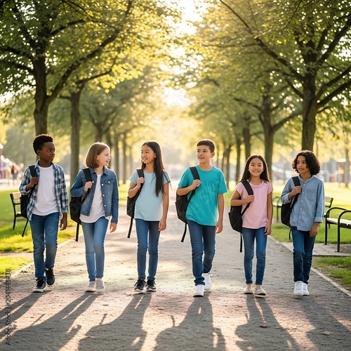 Group of school children walking together on a sunny day.