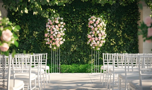 Romantically Lit Ceremony Setup with Living Wall, Symmetrical Pink Rose Pillars, and Golden Calligraphy