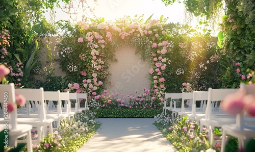 Sun-Drenched Outdoor Wedding Ceremony Altar with Lush Green Wall Backdrop