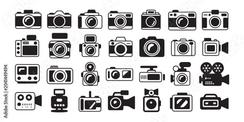 Professional digital camera and video production equipment icons for photography studios designs.