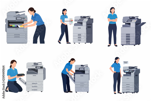 Photos Female office worker using and repairing a multifunction photocopier printer vec