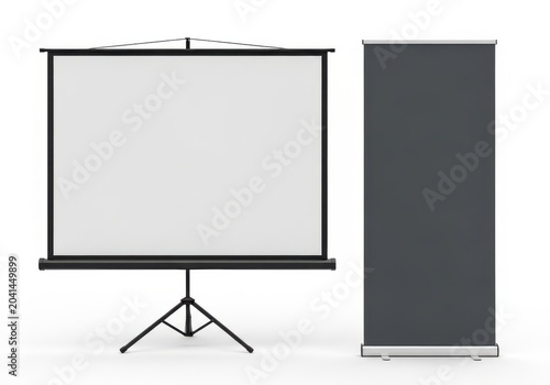 White projector screen and a dark gray roll up banner on a white background