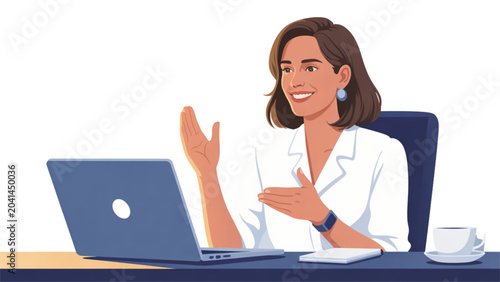 Canvastavla Professional woman giving thumbs-up while working on laptop in bright office Vec