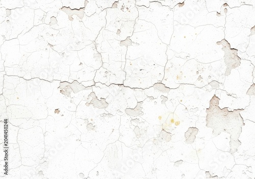 White wall texture with cracks and peeling paint on a concrete surface