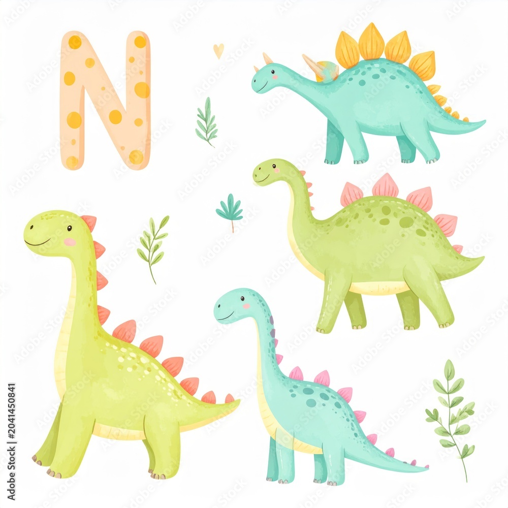 Fototapeta premium Watercolor illustration of smiling dinosaurs, plants, & a spotted letter 