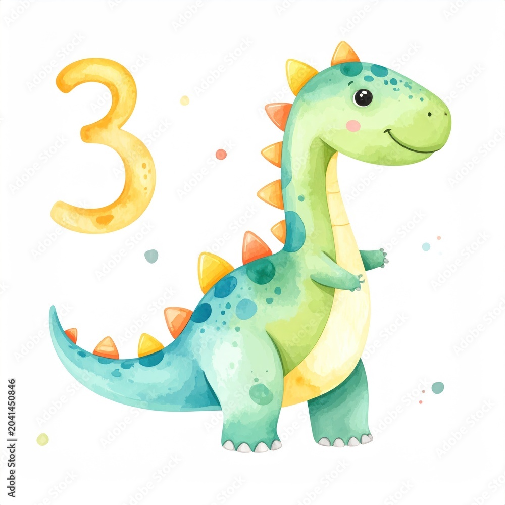 Fototapeta premium Watercolor illustration of a friendly dinosaur next to a golden number 3, with paint splatters