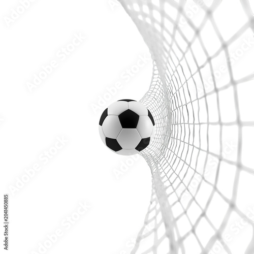 A soccer ball flying into a goal net on transparent background