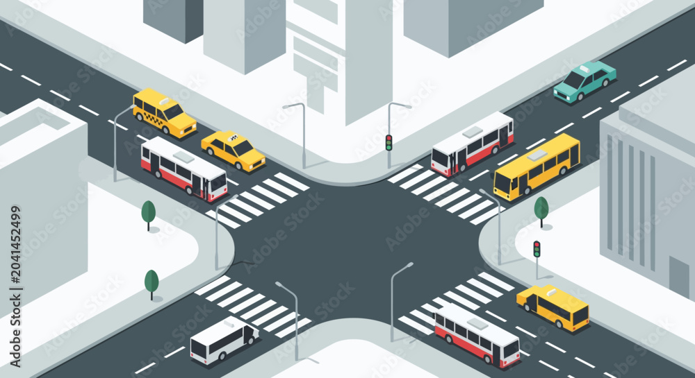 Fototapeta premium Isometric city intersection with buses, taxis, and cars