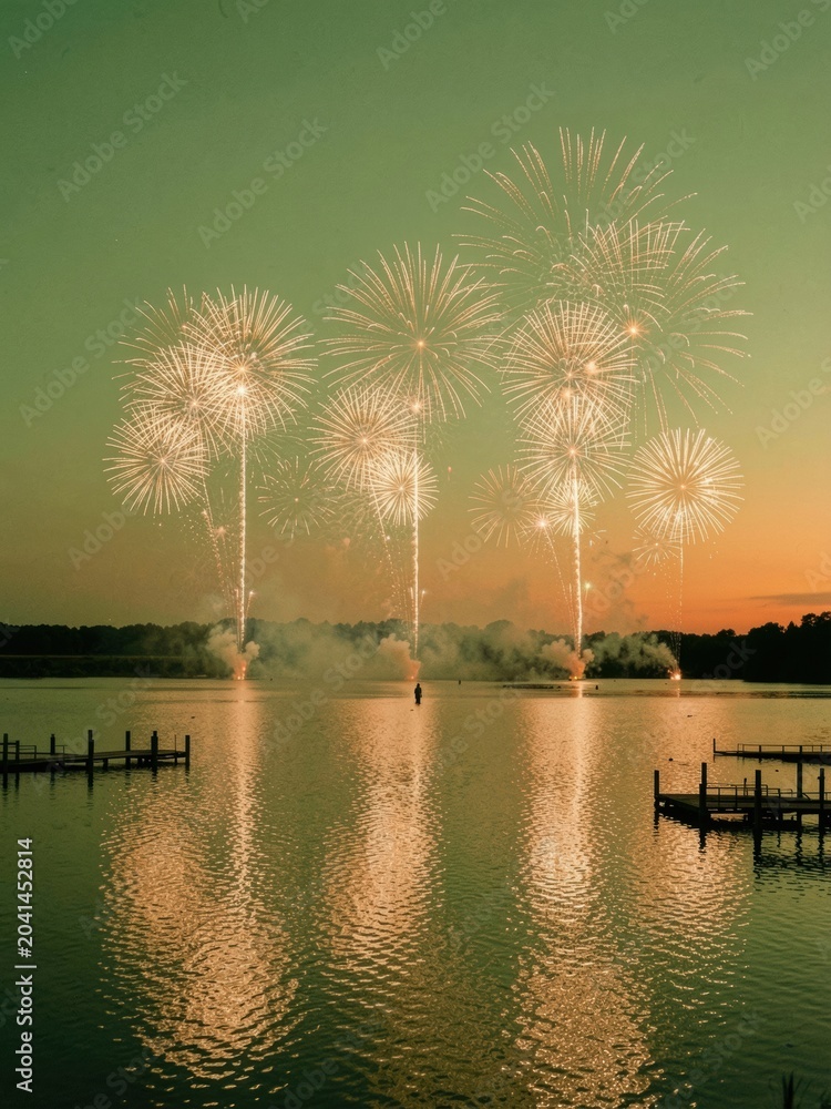 Obraz premium Golden fireworks exploding over a quiet lake with reflections for summer event promotion, holiday celebration background and waterfront tourism advertising