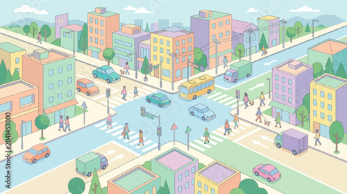 Colorful Isometric City Intersection with Cars and Pedestrians, Urban Traffic Scene