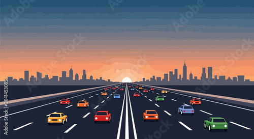 Evening Highway Traffic with City Skyline at Sunset
