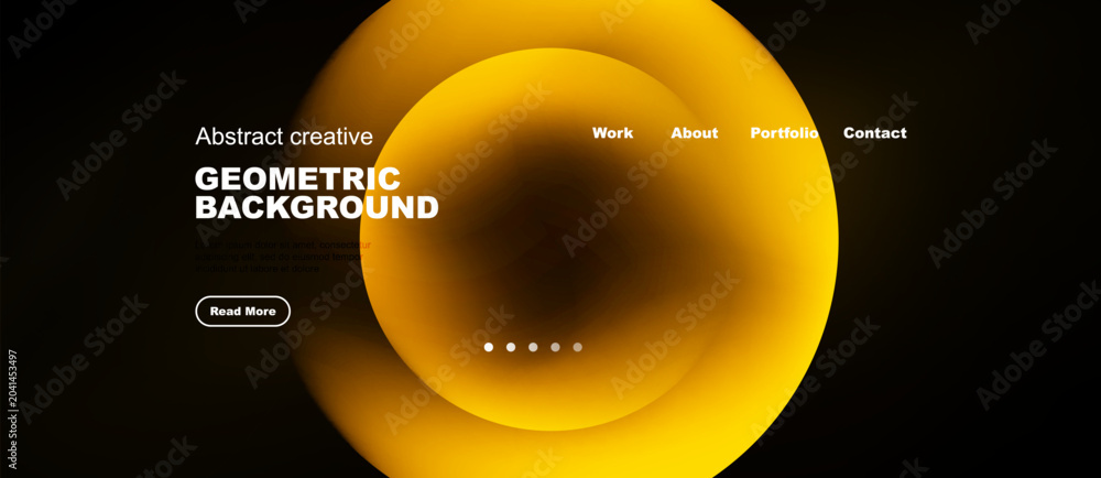Naklejka premium Modern website design features abstract yellow geometric shapes. Text highlights geometric background, with navigation options visible. Simple, clean aesthetic.