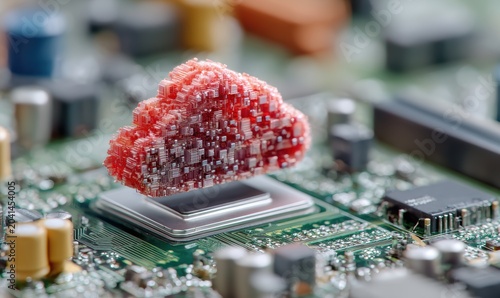 Cloud Computing Technology Concept with Glowing Cloud Icon on Digital Circuit Board Background