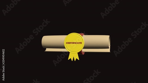 Certificate 3D icon animation. Alpha matte with transparent background with 4K Resolution.
