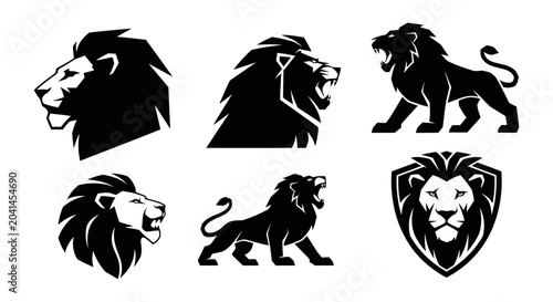 Billede på lærred Black silhouettes of lion heads and bodies.