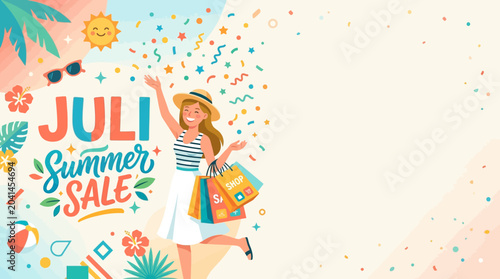 Happy woman celebrating summer sale with shopping bags