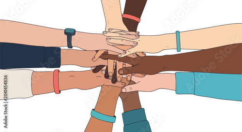 Картината върху платно Diverse hands stacked together in unity.