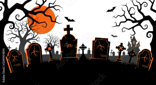 Fotografia Halloween graveyard with tombstones and trees.