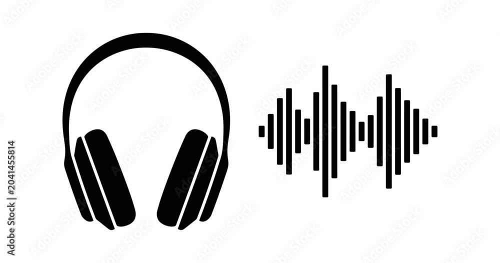 Obraz premium Headphones with an Adjacent Audio Sound Wave, a Black and White Flat Vector Illustration with Minimalist Style and Graphic Design Elements.