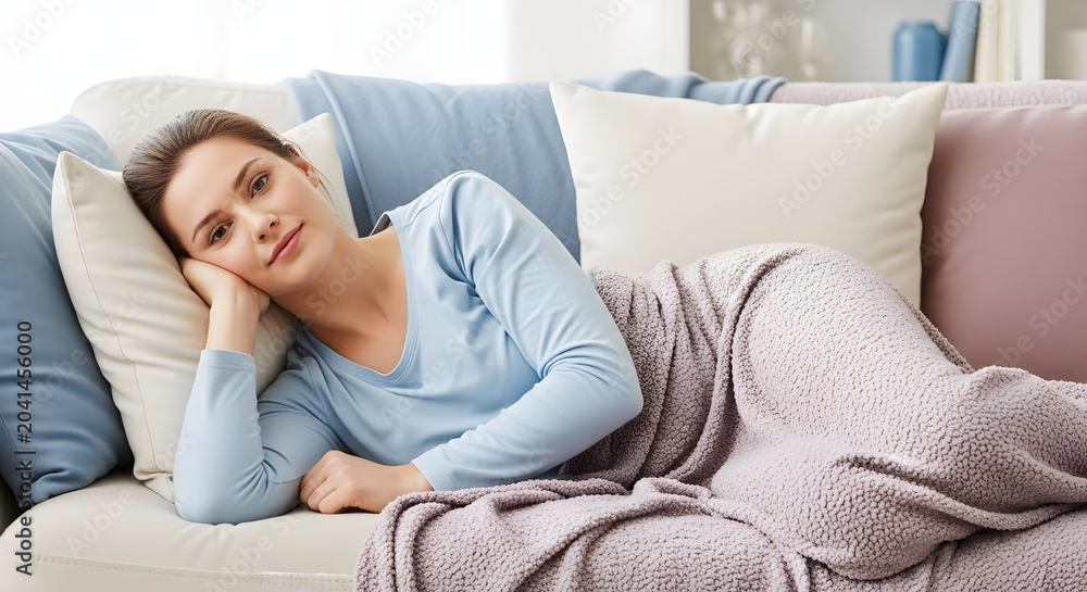 Obraz premium Woman resting on a couch with pillows and a blanket