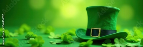 Green leprechaun hat on shamrock background Festive spring scene , holiday, bokeh, hat