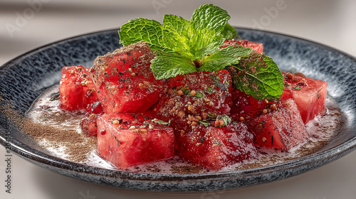Fresh watermelon salad cubes garnished with fresh mint leaves and seeds watermelon vegetarian