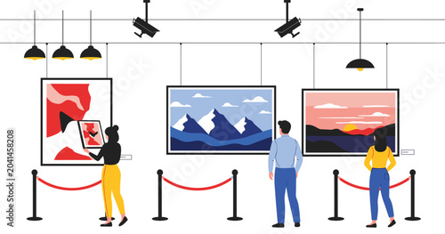 Photos Art gallery exhibition vector illustration featuring museum visitors viewing fra
