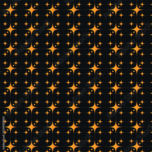 Seamless repeating grid pattern with orange four pointed stars and dark squares