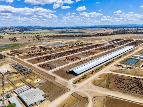 An aerial view of some cattle pens at a feedlot out near Glen Innes, NSW, Australia
