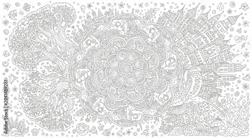 Bild auf Leinwand Intricate Line Drawing of Various Objects.