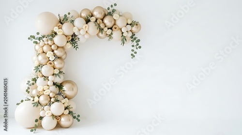 Elegant Balloon Arch with Cream Gold Balloons Roses and Eucalyptus on White Background
