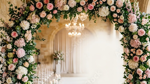 Elegant Floral Arch with Pink Roses and Hydrangeas for Wedding Ceremony