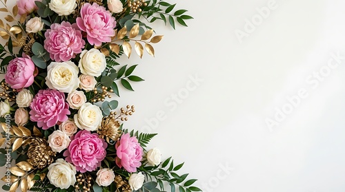 Elegant Floral Border with Pink Peonies and White Roses on White Background