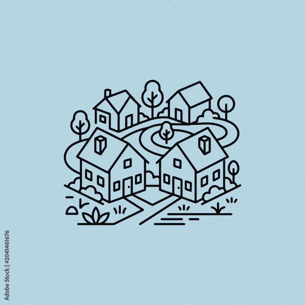 Naklejka premium A simple line art illustration of a quiet suburban neighborhood area