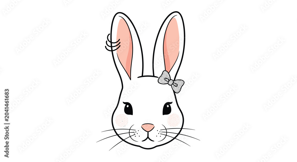 Obraz premium Hand drawn illustration of a cute white bunny rabbit head with pink ears and a decorative bow tie for Easter.