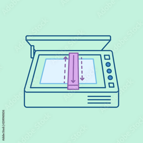 A flatbed scanner illustration showing the internal scanning process movement