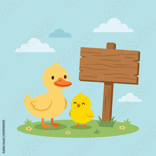 A cute yellow duck and a small chick stand by a sign