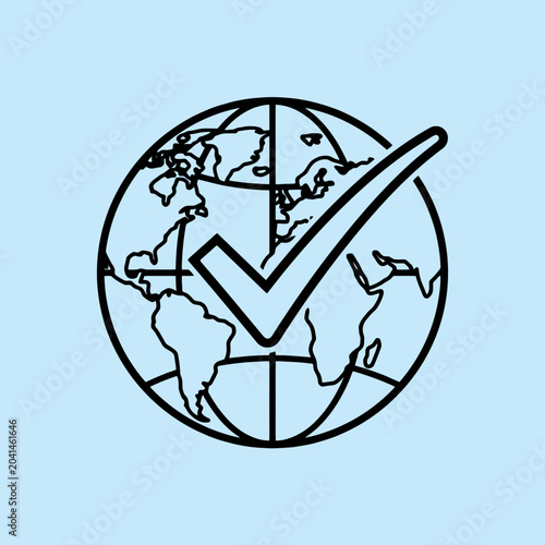 A simple black line drawing of a globe with a check mark